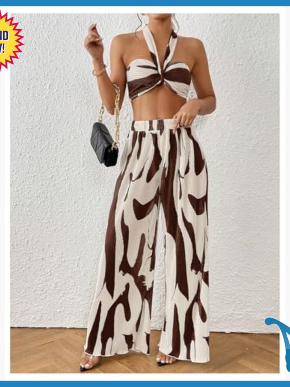 Knitted Crop Halter Top and Wide Leg Pants Set, Polyester, XS - Picture 5 of 7